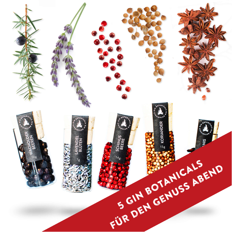 Gin Gewürze, Botanicals Geschenkset - 5x Botanicals und Kräuter zum Verfeinern